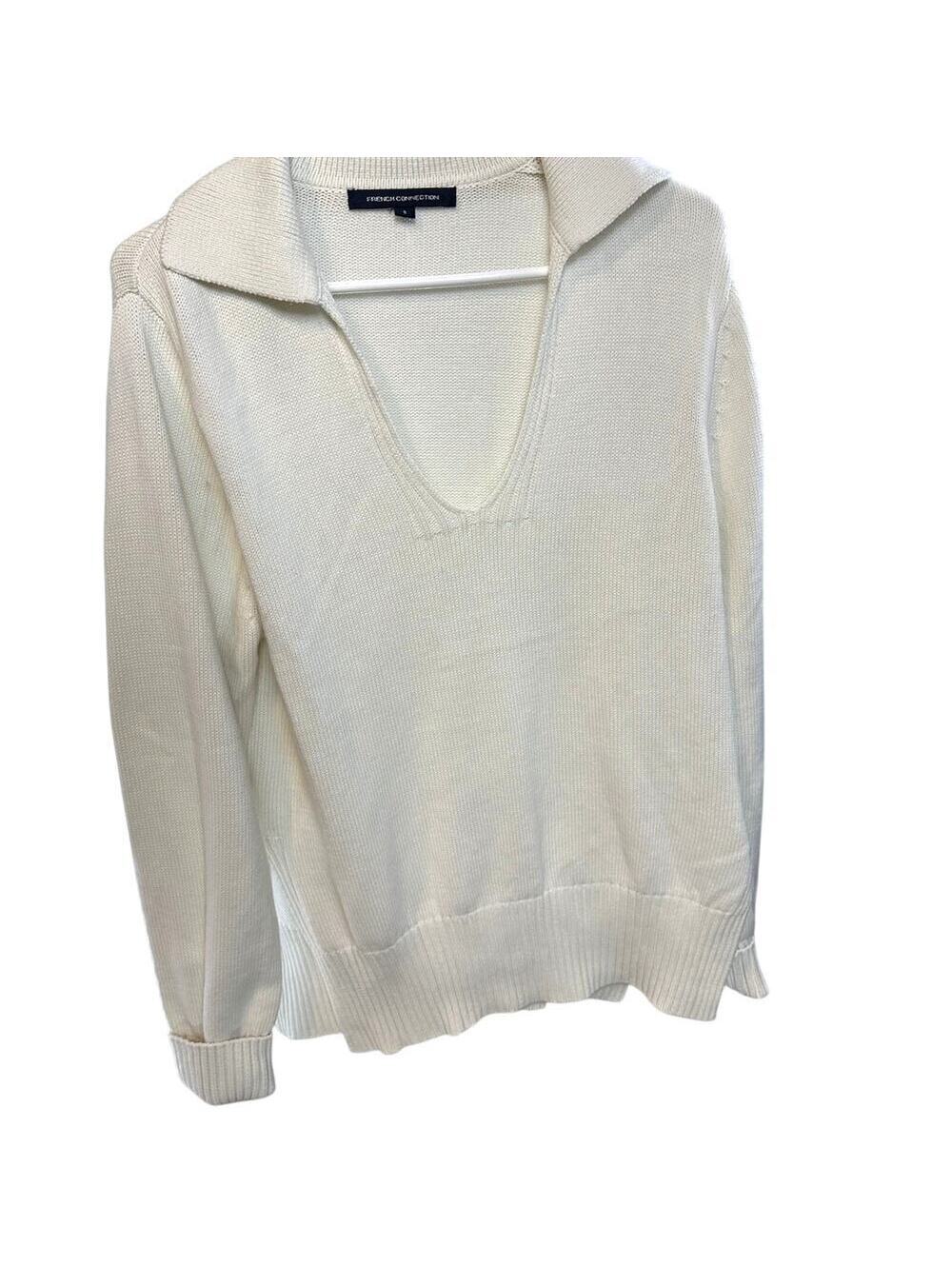 Small NWT French Connection Lily Mozart Winter White Cotton V-Neck Sweater